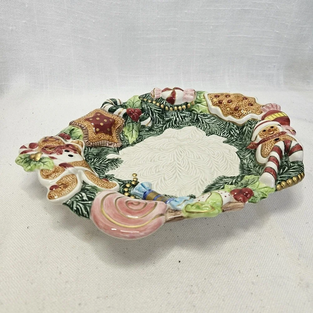 Fitz & Floyd Christmas Wreath Platter Gingerbread Candy Cane Ceramic Dish‎ VTG